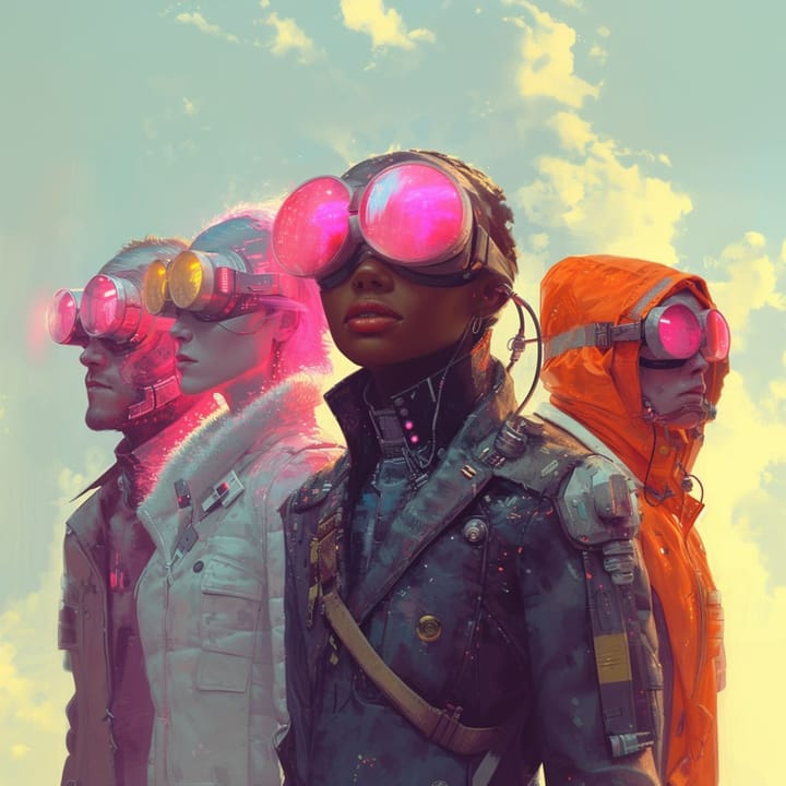 Four characters representing distinct genres of futurist rhetoric.